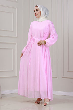 Beli Bağcıklı Pera Elbise-Pembe