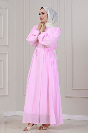 Beli Bağcıklı Pera Elbise-Pembe