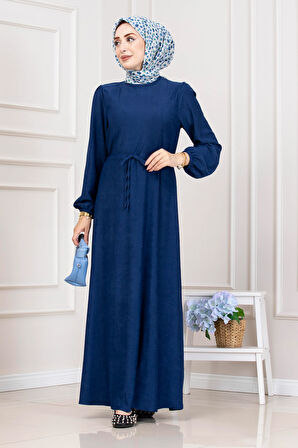 Beli Tünelli Fitilli Aslı Elbise-Saks Mavi