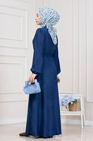 Beli Tünelli Fitilli Aslı Elbise-Saks Mavi