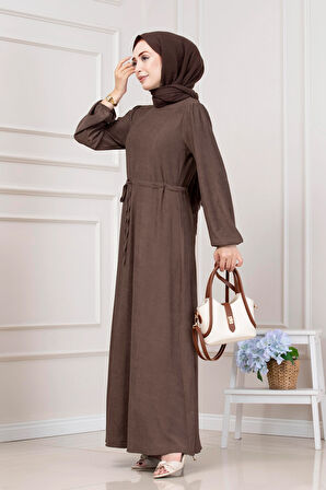 Beli Tünelli Fitilli Aslı Elbise-Kahverengi