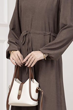 Beli Tünelli Fitilli Aslı Elbise-Kahverengi