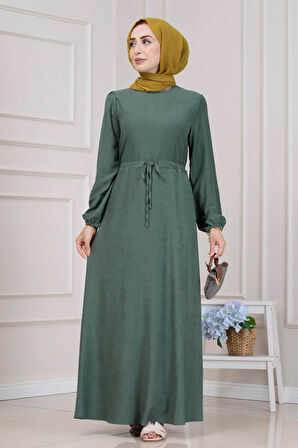 Beli Tünelli Fitilli Aslı Elbise-Yeşil