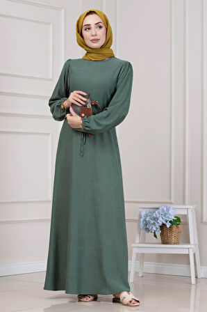 Beli Tünelli Fitilli Aslı Elbise-Yeşil