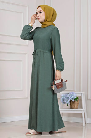 Beli Tünelli Fitilli Aslı Elbise-Yeşil