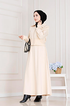 Fermuarlı Etekli Takım-Bej