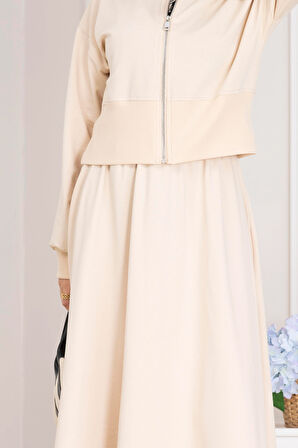 Fermuarlı Etekli Takım-Bej