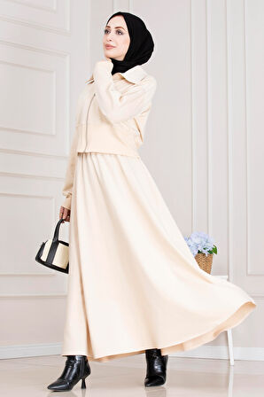 Fermuarlı Etekli Takım-Bej