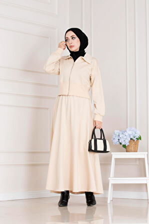 Fermuarlı Etekli Takım-Bej