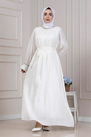 Simli Taşlı Abiye Elbise-BEYAZ