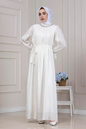 Simli Taşlı Abiye Elbise-BEYAZ