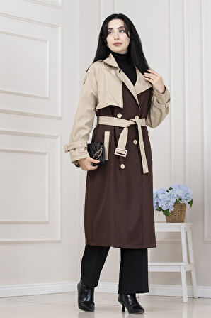 İki Renk Cepken Detaylı Trençkot-Kahverengi