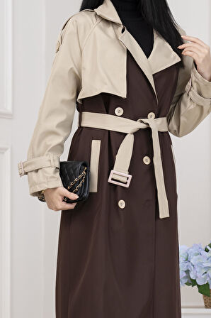 İki Renk Cepken Detaylı Trençkot-Kahverengi