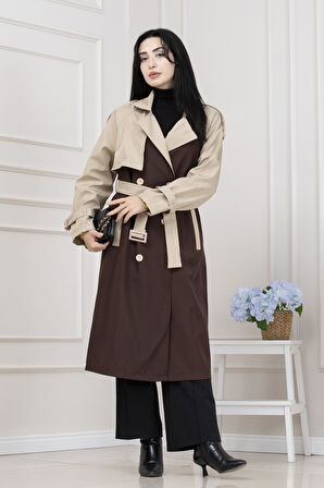 İki Renk Cepken Detaylı Trençkot-Kahverengi