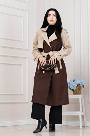 İki Renk Cepken Detaylı Trençkot-Kahverengi