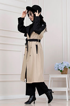 İki Renk Cepken Detaylı Trençkot-Bej