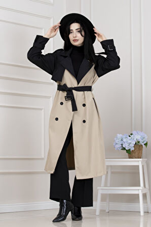 İki Renk Cepken Detaylı Trençkot-Bej