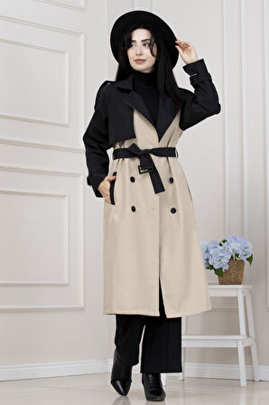 İki Renk Cepken Detaylı Trençkot-Bej
