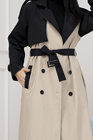 İki Renk Cepken Detaylı Trençkot-Bej