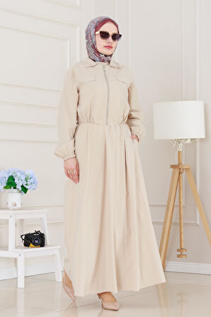 Cepken Detaylı Fermuarlı Elbise Takım-Bej