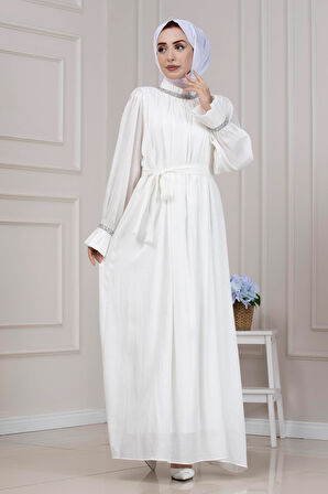 Simli Taşlı Abiye Elbise-BEYAZ