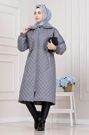 Yakası Kürklü Capitone Mont-GRİ