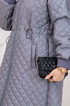 Yakası Kürklü Capitone Mont-GRİ