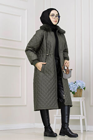 Yakası Kürklü Capitone Mont-HAKİ