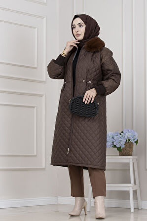 Yakası Kürklü Capitone Mont-KAHVERENGİ