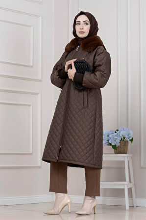 Yakası Kürklü Capitone Mont-KAHVERENGİ