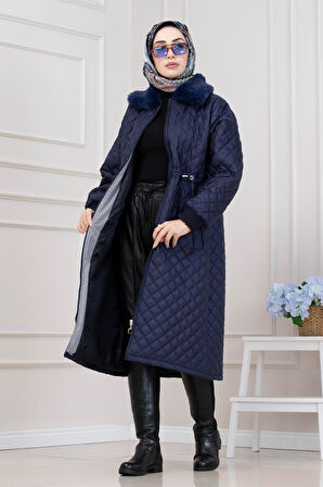 Yakası Kürklü Capitone Mont-LACİVERT