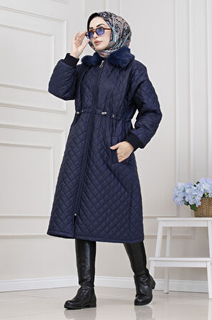 Yakası Kürklü Capitone Mont-LACİVERT