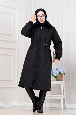 Yakası Kürklü Capitone Mont-SİYAH