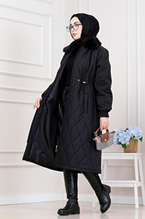 Yakası Kürklü Capitone Mont-SİYAH