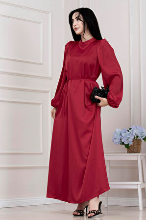 Beli Bağcıklı Balon Kol Abiye-KIRMIZI