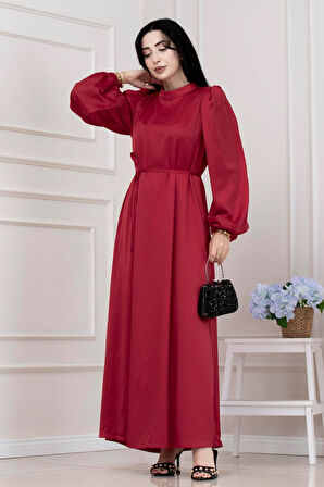 Beli Bağcıklı Balon Kol Abiye-KIRMIZI