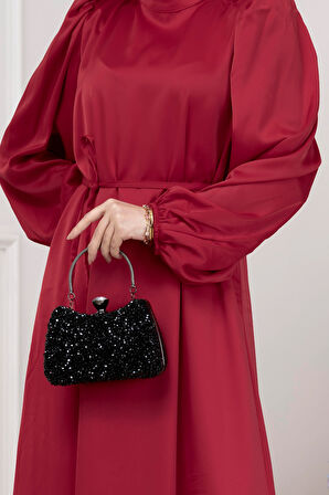 Beli Bağcıklı Balon Kol Abiye-KIRMIZI