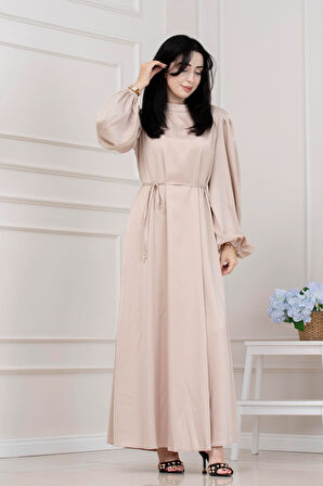 Beli Bağcıklı Balon Kol Abiye-BEJ