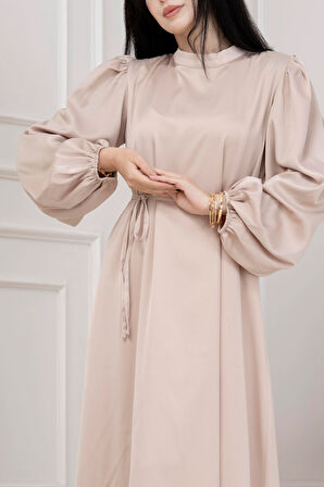 Beli Bağcıklı Balon Kol Abiye-BEJ