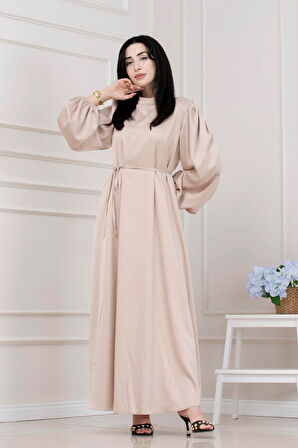 Beli Bağcıklı Balon Kol Abiye-BEJ