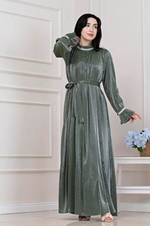 Simli Taşlı Abiye Elbise-MİNT YEŞİLİ