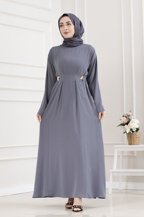 Beli Toka Detaylı Tesettür Elbise-GRİ