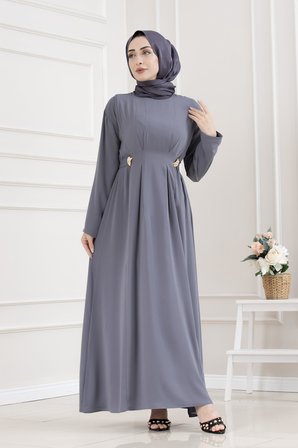 Beli Toka Detaylı Tesettür Elbise-GRİ