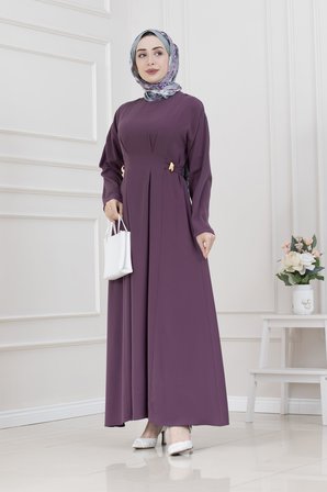 Beli Toka Detaylı Tesettür Elbise-MÜRDÜM