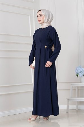 Beli Toka Detaylı Tesettür Elbise-LACİVERT