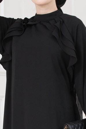 Önü Fırfır Detaylı Kuşaklı Tesettür Elbise-SİYAH