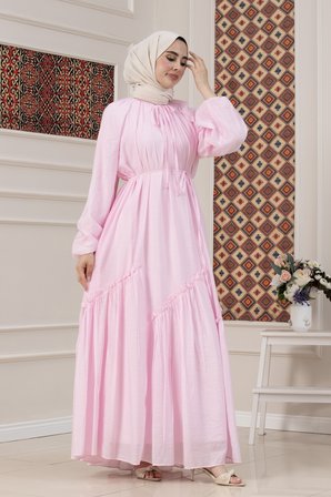 Eteği Büzgü Detaylı Mira Tesettür Elbise-PEMBE