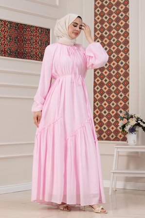 Eteği Büzgü Detaylı Mira Tesettür Elbise-PEMBE