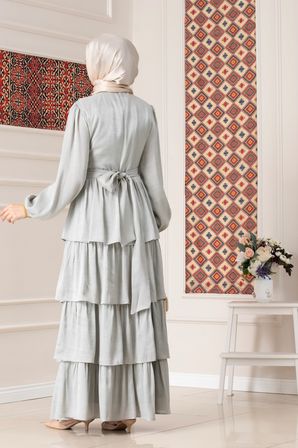 Kat Detaylı Beli Kemerli Alina Tesettür Abiye-MİNT YEŞİLİ