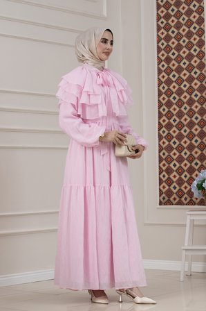 Fırfır Detaylı Roza Tesettür Elbise-PEMBE